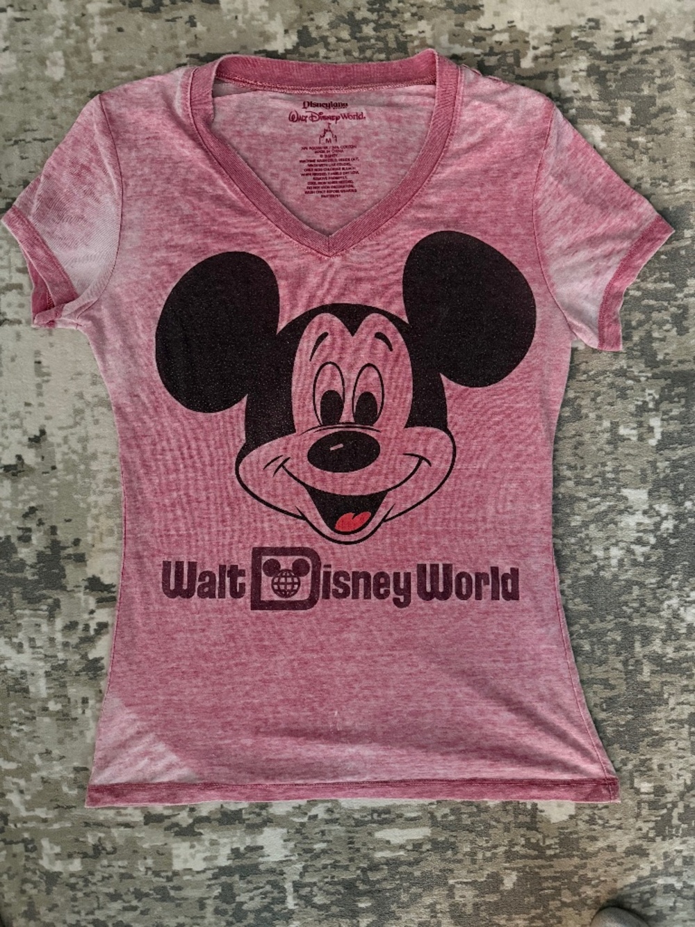 Vintage Style Walt Disney World Pink Burnout Mickey Mouse V-Neck T-Shirt M